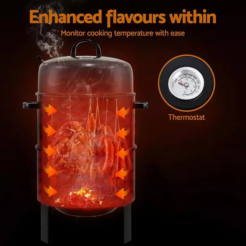Warmiehomy Round Smoker BBQ Charcoal Barbecues with Temperature Gauge BBQ Charcoal Grill 2 Tier Outdoor for Party Camping, Black Black-1 2
