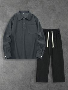 Men's Solid Color Corduroy Shirt & Pants Set, Loose Casual Long Sleeve Button Top & Trousers, Men's Spring & Fall Clothes