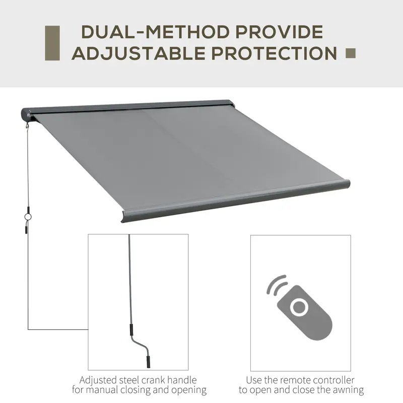 Outsunny 3.5x3m LED Light Full Cassette Case Electric/Manual Awning Door Window Sun Shade Patio Canopy Retractable w/ Remote Grey 3