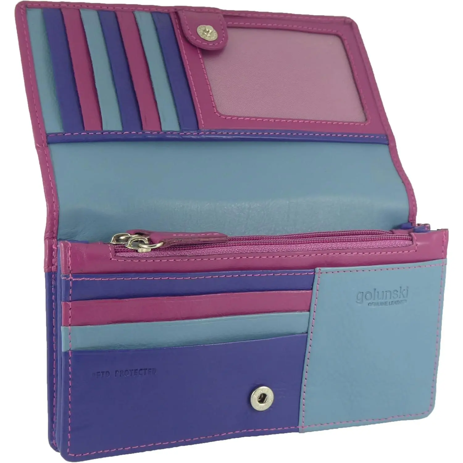 Womens Leather Flapover Matinee Organiser Purse RFID Protection 10 Cards, Notes and Coins (Pink Purple Multi)