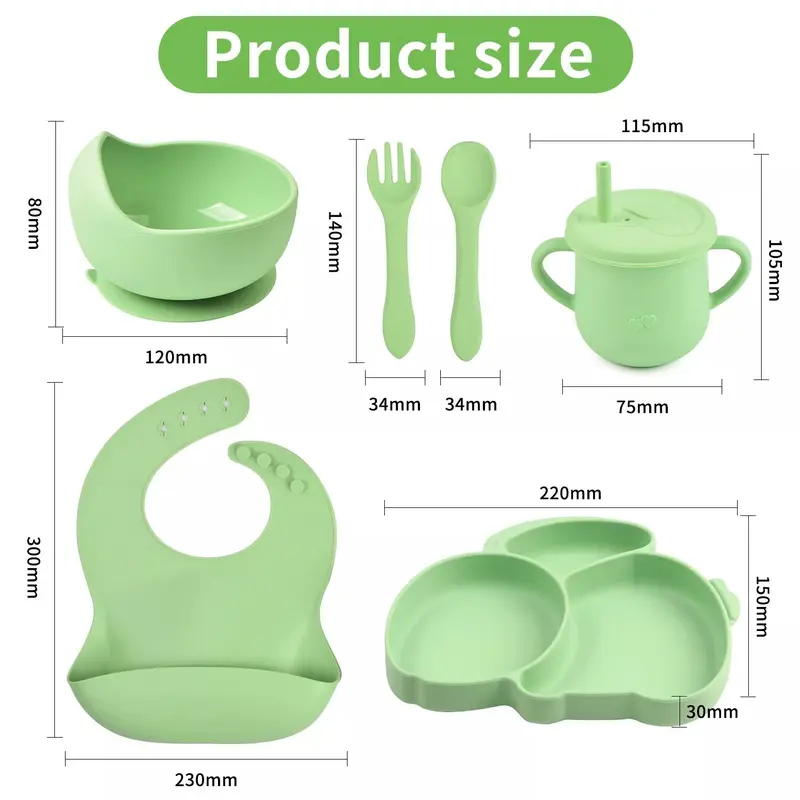 Baby Weaning Feeding Set Silicone Supplies with Plate Bowl Bib Spoon Fork Cup 3