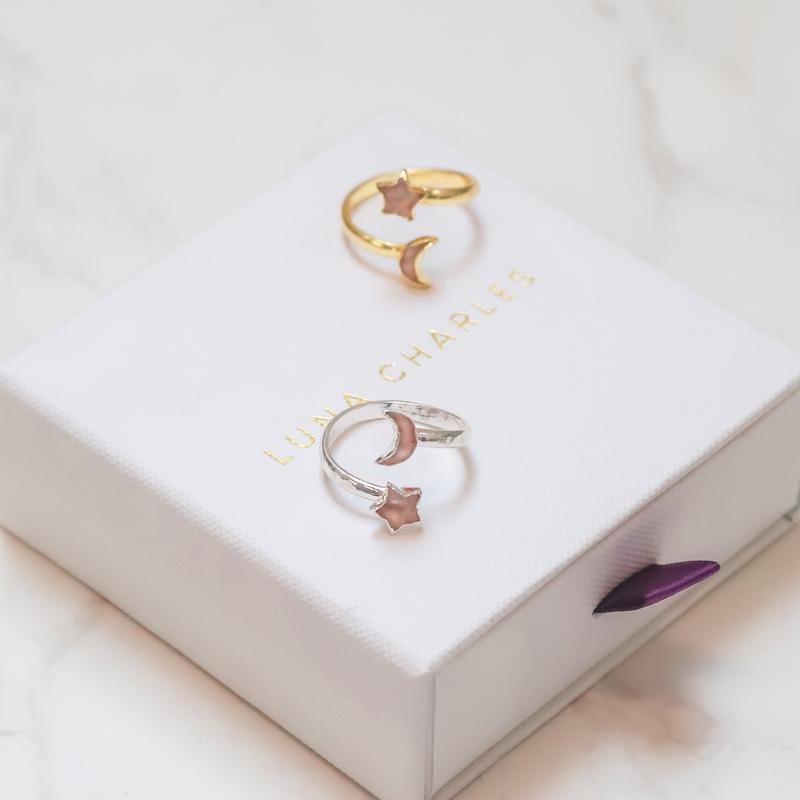 Isla Rose Quartz Moon & Star Ring | 925 Sterling Silver 3