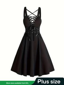 【Plus Size】 Gothic Lace Up Grommet Eyelet Tie Front A Line Fit Dress, Solid High Waist Buckle Belted Sleeveless Short Dress for Party Club Dating Wear, Women's Plus Clothing for Summer, Womenswear, Stretchable Plus Size Formal Dress