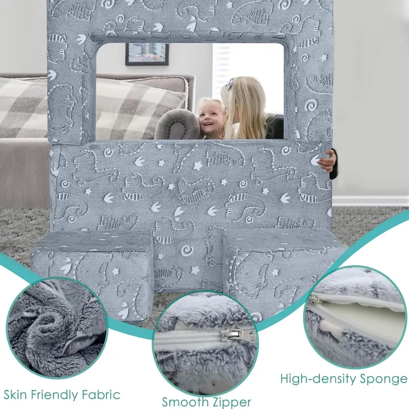 MeMoreCool Kids Sofa Bed, Modular Toddler Chair Couch, Glow in The Dark Baby Mini Couch Lounger Fold Out, Kids Bedroom Furniture for Playroom, Grey Dinosaur 7
