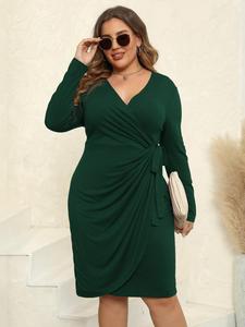 Plus Plain Tie Front Wrap V Neck A Line Dress, Fashion Casual Drop Shoulder Long Sleeve Dress for Spring & Fall, Women's Clothes for Daily Outdoor Wear