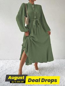Plain Textured Belted Ruffle Hem Shirt Dress, Dresses for Women, Basic Fit Elegant Button Front Long Sleeve Long Fabric Dress, Womenswear, Women's Summer Dresses, Wedding Guest Dress, Spring Fashion Womenswear