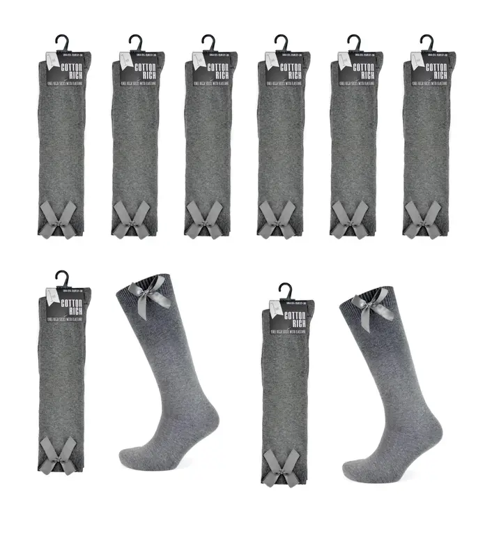 3 Pairs Girls Knee High School Socks with Ribbon Bow, Grey Cotton Rich Elastane Back to School Socks 2