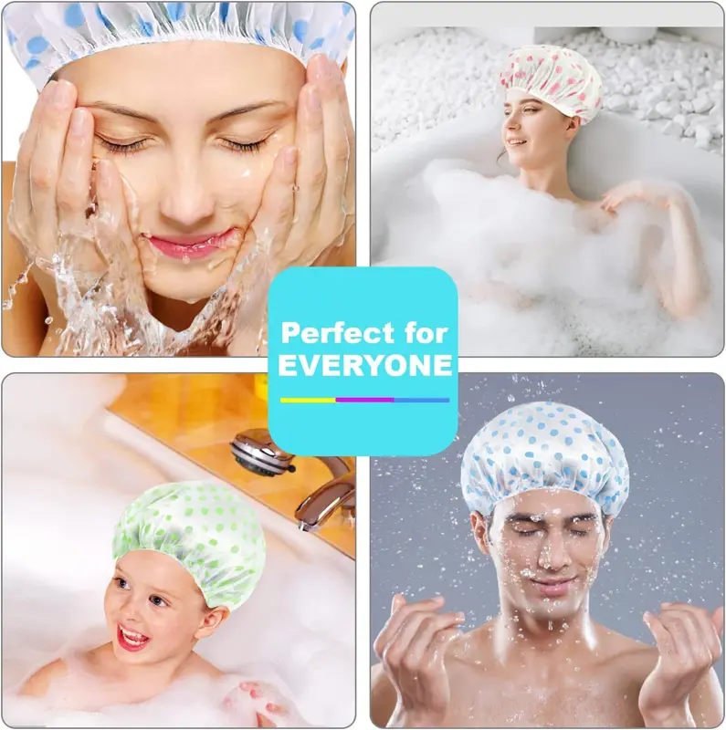6 Pcs  Shower Caps for Women uk,Waterproof and Reusable Bath Cap,28cm Width with Elastic Band, Large Plastic Long Hair Eco Cap. Set 5
