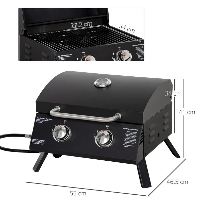 Outsunny 2 Burner Gas BBQ Grill Outdoor Portable Folding Tabletop Barbecue w/ Lid, Thermometer, Carbon Steel, Black 2