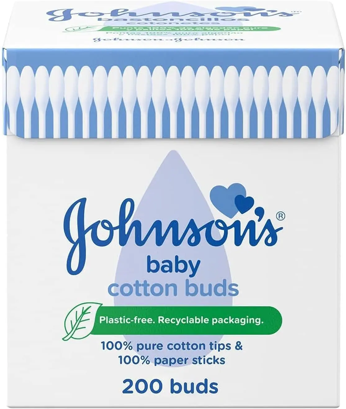 Johnson's Baby Cotton Buds (1 x Pack of 200) Soft & Gentle Ear Buds for Delicate Skin, Made of 100% Pure Cotton and Paper Sticks, Plastic-Free to Clean Delicate Areas, around Eyes and Outer Ear