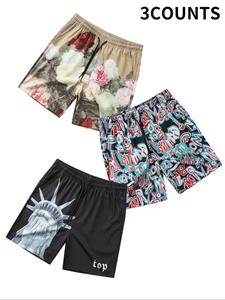Men's Floral & Letter Print Graphic Drawstring Waist Shorts, Regular Fit Casual Pocket Beach Shorts, Men's Summer Bottoms for Vacation Holiday