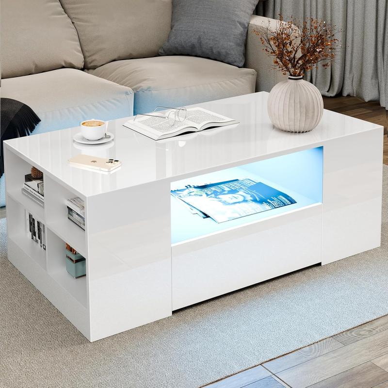 Coffee Table with 2 Drawer Storage, High Gloss Coffee Table for Living Room Wooden Centre Table with RGB Led Lights Rectangle Tea Table for Living Room Furniture, White 1