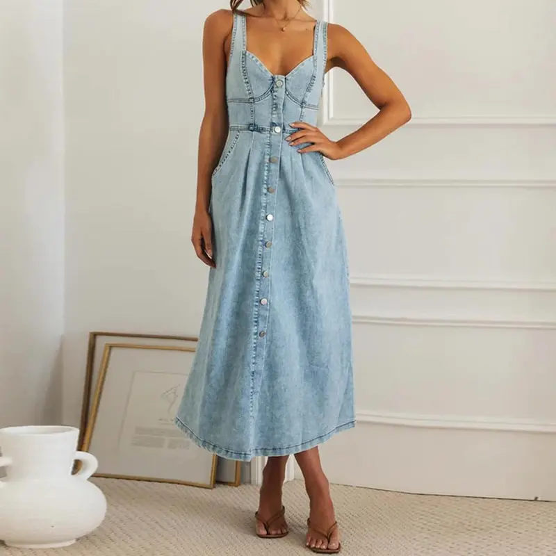 Women Dress Denim Long Dresses Sling Sleeveless V Neck Elegant Splice Single Breasted Slim Fit High Waist Backless Vestidos 2