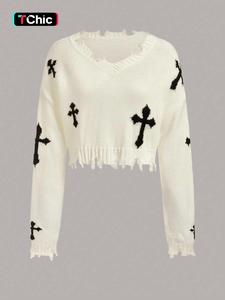 Women's Cross Print Ripped Drop Shoulder Crop Sweater, Street Fashion Chic Style Long Sleeve V Neck Jumper for Daily Outdoor Wear, Ladies Stretchy Knitwear for Spring & Fall, Casual Tops for Women, Sweater for Women, Trending Clothing Women