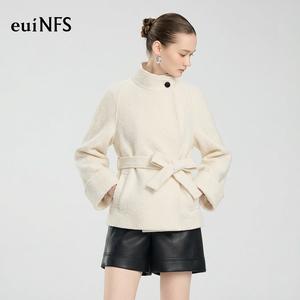 【euiNFS】Minimalist Belted Wool Blend Jacket with Structured Stand Collar and Soft Textured Finish【E463029】