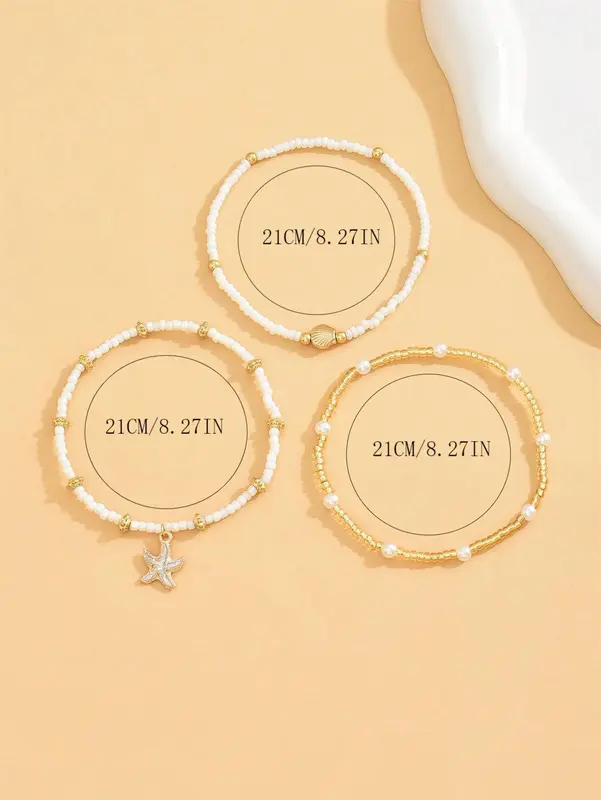 3pcs/Set Women Simple White Rice Bead/Faux Pearl Beaded Anklet With Golden Starfish & Seashell Charms, Suitable For Daily Wear And Vacation 7