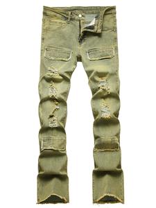 Men's Flap Detail Button Ripped Jeans, Regular Fit Casual Pocket Zipper Raw Hem Denim Pants, Fashion Men's Bottoms for All Seasons