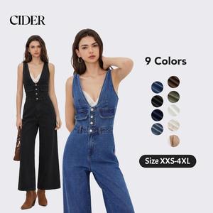 Cider Cider Denim V-neck Button Pocket Wide Leg Jumpsuit