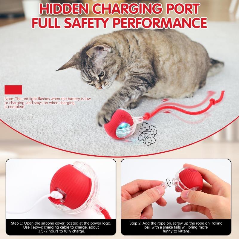 Newly Designed 360° Interactive Electric Rolling Mobile Rechargeable Self-play Stimulating Toy, Pet Chase Ball with Fast Tail Rope, Suitable for Indoor Cat, Small Dog Toy 3