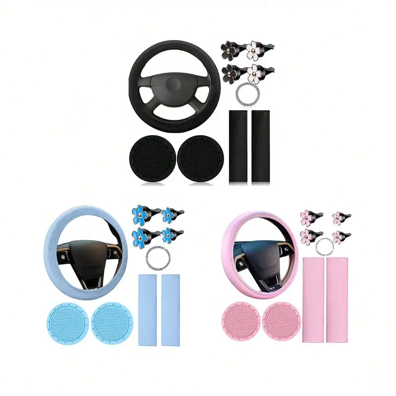Leather Steering Wheel Cover Set, 10 Pcs Universal Leather Steering Wheel Wrap Cute WomenCar Accessories Set With Seat Belt Shoulder Pads Cup Holders Fit For Most Cars 1