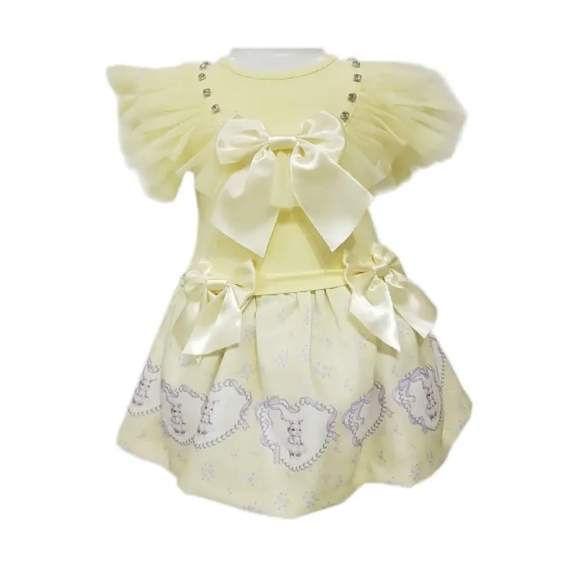 Girls' Neon Lemon Dress with Bunny and Bows - Perfect for Easter - Casual Kids Fashion - Womenswear, Comfort, Summer, Shortsleeve