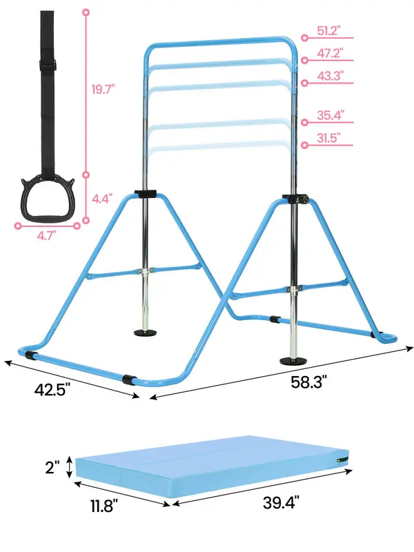 Gymnastics Bar Adjustable Kids Gymnastics Equipment for Home Training Kip Bar with Non-Slip Base 5 Height Levels 31.5-51.2" Gym Bars for Children Easy Assembly Design 2