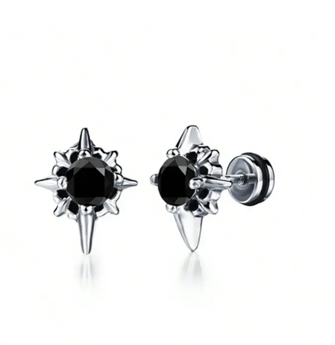 2 Stainless Steel Retro Black And White Agate Square Crystal Cubic Zirconia Screw Inlaid Earrings 3
