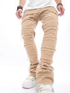 Men's Regular Fit Raw Hem Button Skinny Jeans, Casual Comfy Pocket Design Denim Trousers for Daily Wear, Fashion Men's Bottoms for All Seasons, Cotton