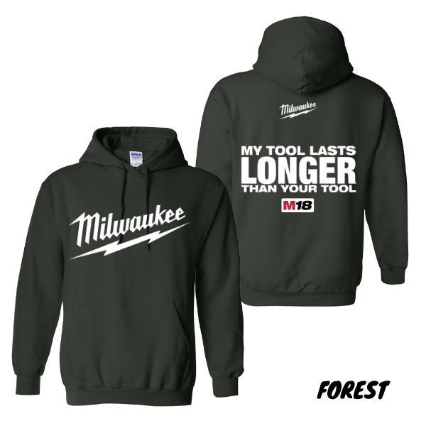 Milwaukee Tools Hoodie – Funny "My Tool Lasts Longer" Graphic – Unisex Pullover for Tradesmen and DIY Enthusiasts – Perfect Gift for Tool Lovers 3