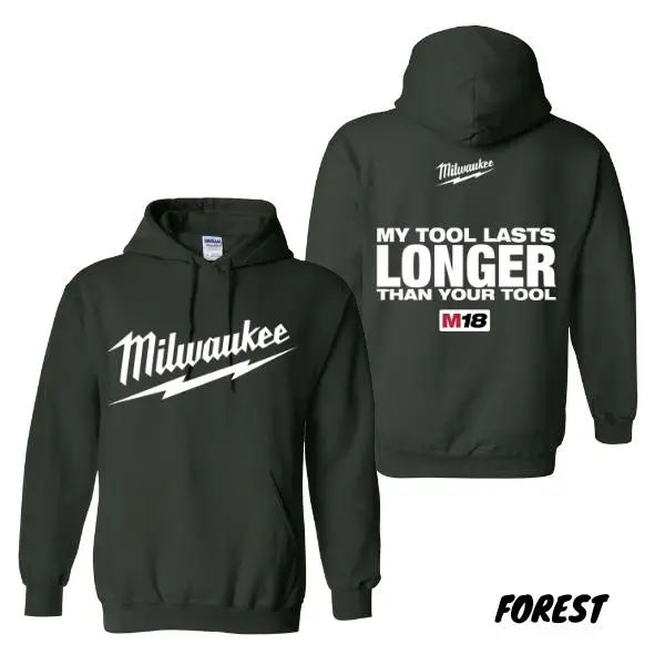 Milwaukee Tools Hoodie – Funny "My Tool Lasts Longer" Graphic – Unisex Pullover for Tradesmen and DIY Enthusiasts – Perfect Gift for Tool Lovers 3