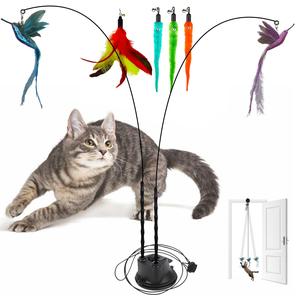 Gift for Pets, Interactive Cat Toy Set, 8 Counts/set Including 2 Cat Wands with Base and 6 Feather Replacement Heads with Bells, Fun and Exercise for Indoor Cats