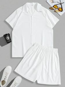 Men's Solid Short Sleeve Shirt & Elastic Waist Shorts Set, Loose Casual Top & Shorts, Two-piece Outfits for Summer Beach Vacation