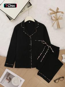 Women's All Over Print Lapel Neck Pajama Set, Long Sleeve Button Top & Tie Front Pants PJ Set, Casual Comfy Loungewear Set Pajamas Loungewear for Women