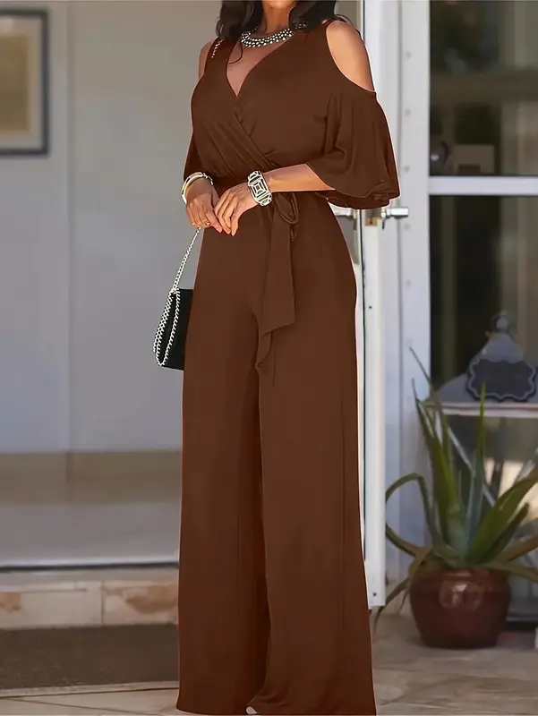 Elegant V-Neck Polyester Jumpsuit - Strapless Tie-Waist Wide Leg Romper - All-Season Vacation Style Knit Fabric 1