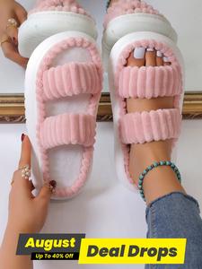 Double Strap Platform Home Slippers, Matching Fuzzy Warm Cozy Bedroom Slippers for Gifts, Comfy Casual Soft Pink Fur Slippers for Women, Walking Shoes, Footwear
