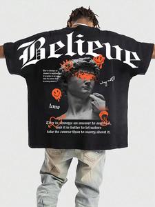 Men's Believe Letter Print Short Sleeve Graphic Tee, Loose Casual Comfy Round Neck T-shirt for Summer, Men's Top for Daily Wear