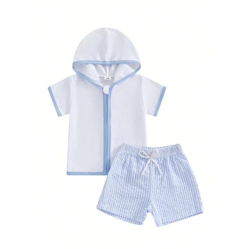 Toddler Boys Beach 2PC Outfit, Zipper Hoodie  Stripe Print Quick-Dry Shorts Set For Summer Swim Cover Up 6