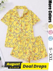 Women's Duck Print Shirt & Elastic Waist Shorts Two-piece Pajama Set, Casual Comfy Short Sleeve Top & Shorts Loungewear Set, Ladies Sleepwear for Summer, Soft Lounge Sets, Womenswear, Sleepwear Homewear Clothes, Matching Pj Set, Sleepwear Pajamas