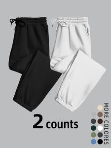 Men's Solid Color Drawstring Waist Casual Slant Pocket Sweatpants, Casual Comfy Warm Elastic Waist Trousers for Fall & Winter, Men's Bottoms for Daily Wear