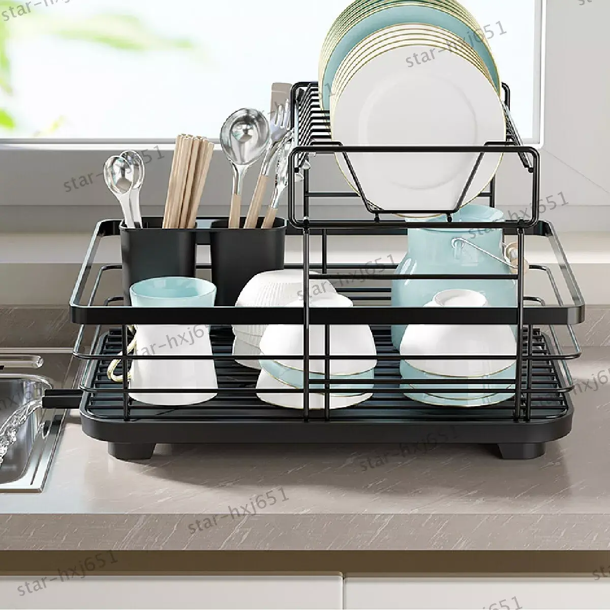 2 Tier Dish Drainer Rack Cutlery Holder Plate Rack Kitchen Sink with Drip Tray