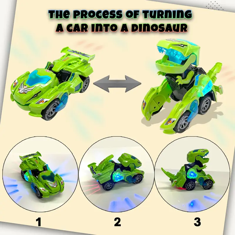 Koolbitz Kids Dinosaur Transforming Car Automatic Transformable Dinosaur Car Toy for Children Electric Dinosaur Car Toy for Toddlers Sound and Flashing Lights Fun Indoor Car Toy 5
