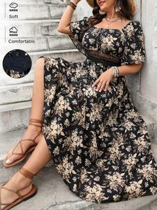 Elegant Floral Print Square Neck Dress, maxi dresses,Long Woven Summer Dress with Lace Detail, Perfect for Outdoor Dates & Casual Wear