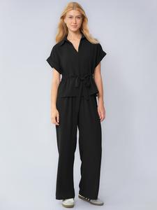 Women's Simple Style Collared Rolled-Up Short Sleeve Top & Wide Leg Trousers Co-ord, Skin-Friendly Waist Tie Two Piece Sets for Spring & Summer