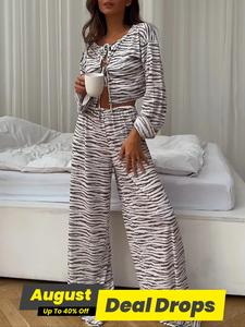 Two-Piece Set Women's Zebra Stripe Print Tie Front Crop Top & Elastic Waist Wide Leg Pants Pyjama, Casual Comfy Drop Shoulder Long Sleeve Top & Trousers PJ Set, Women's Sleepwear for Fall