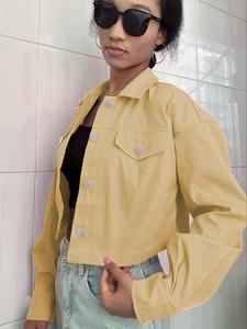 Women's Solid Button Front Drop Shoulder Crop Jacket, Casual Long Sleeve Collared Coat for Fall & Winter, Ladies Clothes for Daily Wear, Womenswear