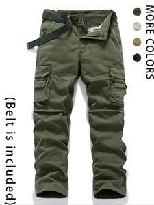 Men's Solid Color Plain Straight Leg Cargo Pants with Belt, Regular Fit Street Fashion Casual Comfy Multi-pocket Trousers for Daily Wear, Men's All-match Bottoms for All Seasons, Casual Streetwear Pants