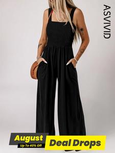 Women's Plain Backless Shirred Wide Leg Cami Jumpsuit, Casual Fashion Pocket Square Neck Overall Jumpsuit, Ladies Clothes for Daily Wear