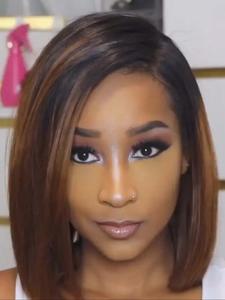 12 Inch Ombre Brown Short Straight Human Hair Wigs for Women, Gorgeous Fluffy Wigs with Blunt Bangs, Human Hair Wigs for Party, Daily Use