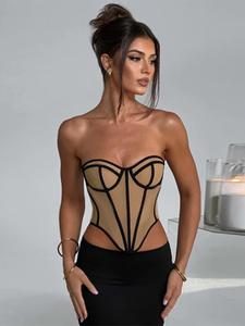 Women's Backless Contrast Binding Tube Top, Summer Clothes Women, Fashionable Curved Hem Strapless Top For Summer, Women's Top For Party Club