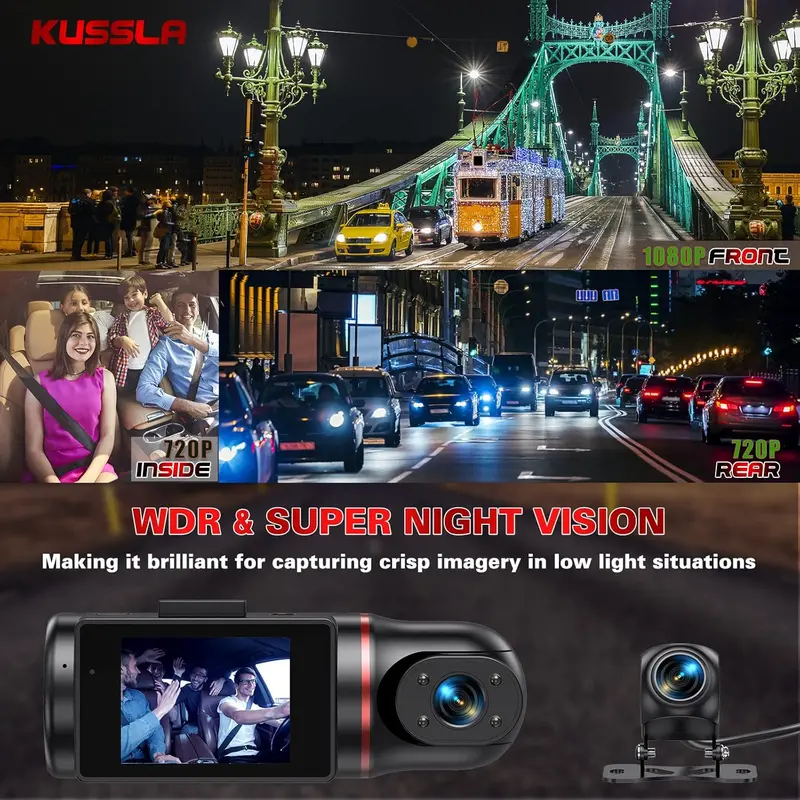 2025-New  Dash Cam Front and Rear Inside 3 Channel Dashcam for Cars 1080P with 64GB Card Adjustable Lens 3 Ways Triple Camera with Night Vision, G-sensor, Loop Recording, Parking Monitor 4